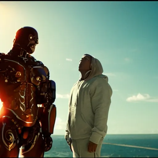 Image similar to movie still of cyborg looking at the sun, cinematic composition, cinematic light, criterion collection, by edgar wright