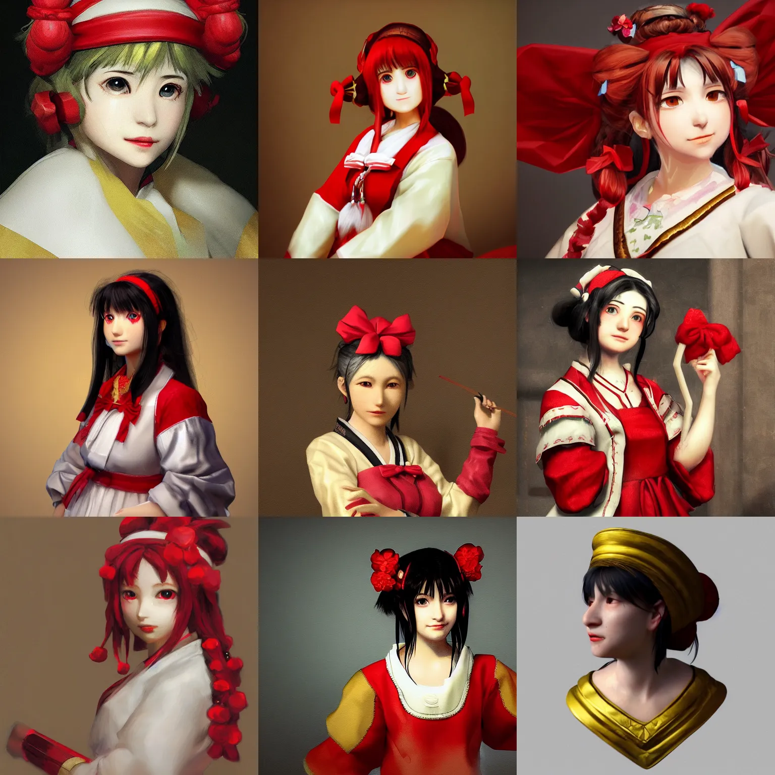 Prompt: a portrait painting of reimu hakurei, by rembrandt, marble, gold, unreal engine 5