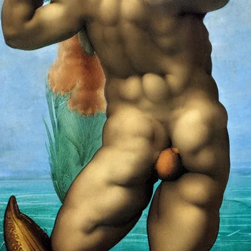 Prompt: an athletic beautiful young mermaid male painted by michelangelo