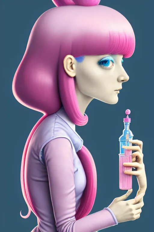 Image similar to highly detailed, industrial photography, profile view of adult princess bubblegum from adventure time, working in her science lab, wearing lab coat, long bubblegum hair, long straight bangs, confident, beautiful, attractive, illustration concept art by nicoletta ceccoli, mark ryden, lostfish, detailed and intricate environment, 8 k resolution, hyperrealistic, octane render