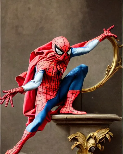 Prompt: spider man, dressed in a beautiful 1 8 th century classical suit with flounces and ribbons, rococo style, francois boucher style, highly detailed, very realistic, painterly style