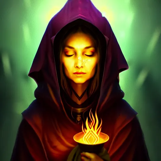 Image similar to ( a priestess with a hood that covers half her face carries an incense burner that emits a pleasantly colored flame. ) by anato finnstark, photorealistic, fullbody portrait, dynamic lighting, beautiful, trending on artstation, wallpaper, 4 k, award winning, digital art, golden hues, firm line