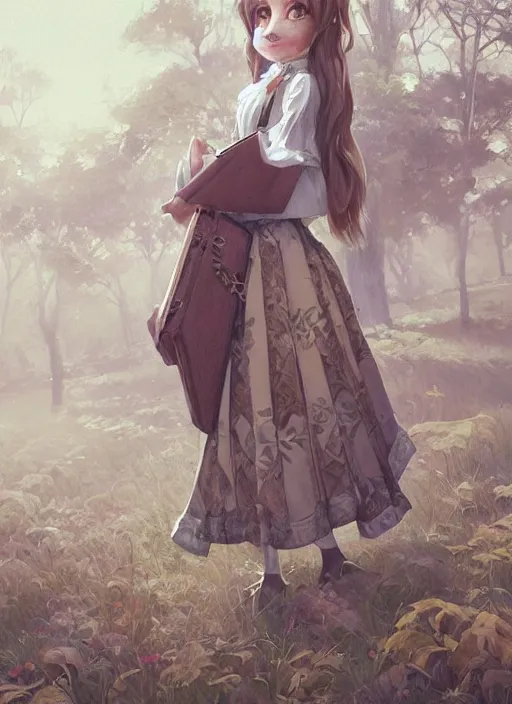 Prompt: beautiful portrait commission of a shy female furry anthro whitetail deer fursona wearing a white blouse and a knee-length skirt, holding a bookbag while walking through a college campus, intricate, elegant, highly detailed, digital painting, artstation, concept art, smooth, sharp focus, illustration, art by Krenz Cushart and Artem Demura and alphonse mucha