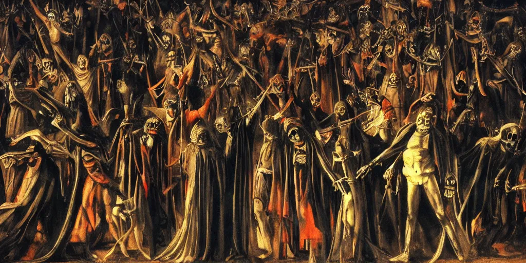 Prompt: dante's inferno painting, with people in black hooded tunic like in the film eyes wide shut of stanley kubrick, illuminati symbol, crows, skeletons, crosses, dark beauty, rotten gold, perfect faces, extremely detailed, cinema 4 d, unreal engine.