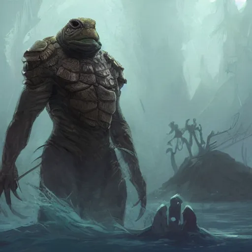 Image similar to anthropomorphic turtle hero, greg rutkowski