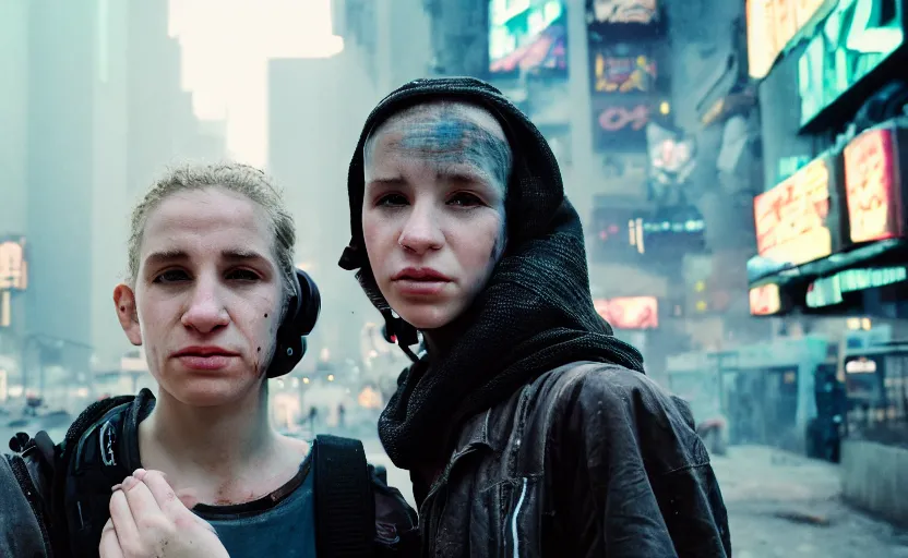 Image similar to cinestill 5 0 d photographic portrait by helen levitt of a white and mixed female android adult couple wearing rugged black techwear in a brilliant cyberpunk city, extreme closeup, modern cyberpunk, dust storm, 8 k, hd, high resolution, 3 5 mm, f / 3 2, ultra realistic faces, intricate detail, ex machina