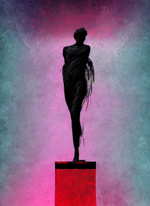 Image similar to elegant dark design poster showing a large greco roman statue, black background with very subtle red and purple design elements, bold, powerful, nekro, vito acconci, thin straight purple lines, dark, glitch art, neo vaporwave, gritty, layout frame, square, trending on artstation