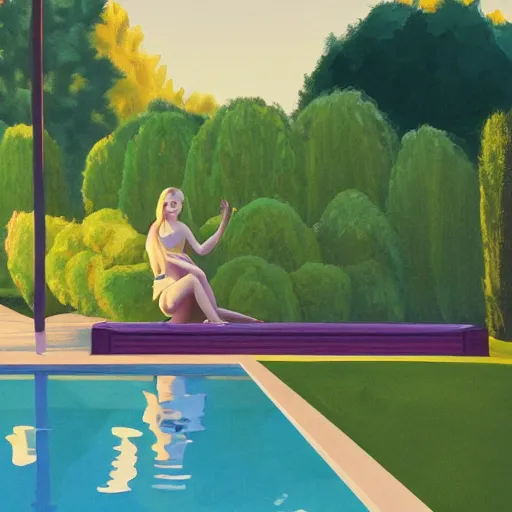 Image similar to Elle Fanning, next to a pool, golden hour, in a garden, artstation, in the style of Art Deco and Edward Hopper