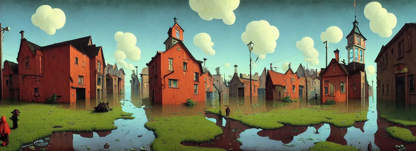 Image similar to flooded! old dark scary wooden empty cursed town street entrance, very coherent and colorful high contrast masterpiece by gediminas pranckevicius rene magritte norman rockwell franz sedlacek, full - length view, dark shadows, sunny day, hard lighting, reference sheet white background