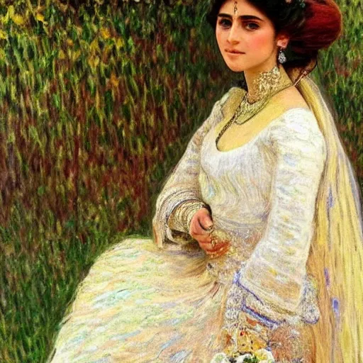 Image similar to full body portrait of a beautiful Kurdish bride wearing a beautiful wedding dress, very detailed eyes, hyperrealistic, beautiful and symmetrical face, very detailed painting by Claude Monet and Alphonse Mucha, ornate, trending on artstation, extremely high detail, incredibly intricate, claude monet