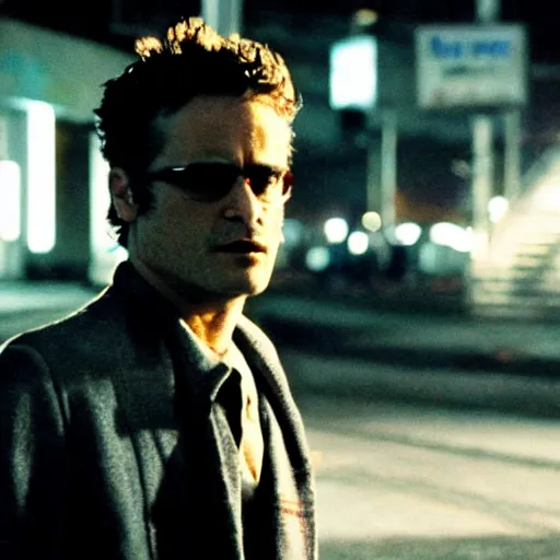 Image similar to joaquin phoenix in the street, in fight club film still cinematography by david fincher