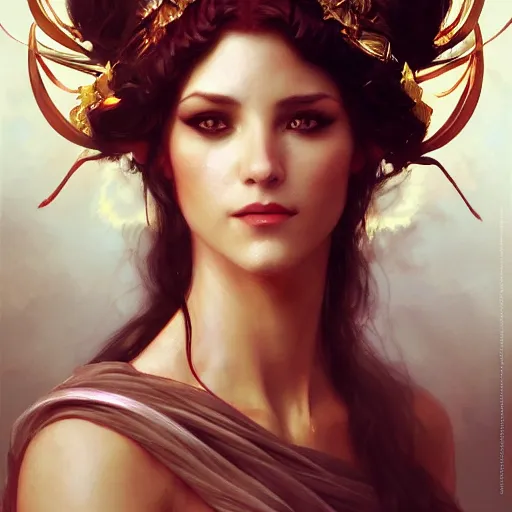 Image similar to A portrait of Kimberly Kane as the goddess of love, Stjepan Sejic, Ruan Jia, and Mandy Jurgens, and Artgerm, and william adolphe bouguereau, highly detailed, trending on artstation, award winning, -H 768