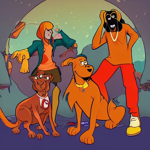 Image similar to Scooby Doo hanging out with Snoop dogg, digital art, 8k, trending on artstation, detailed