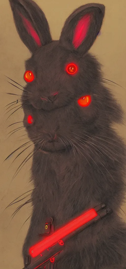 Image similar to portrait of neon fur rabbit with red eyes and a machine gun , 8k, highly detailed, sharp, realistic, in style of Brom