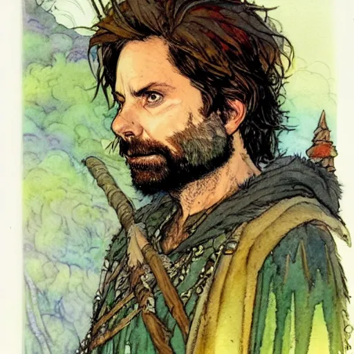 Image similar to a realistic and atmospheric watercolour fantasy character concept art portrait of charlie day as a druidic warrior wizard looking at the camera with an intelligent gaze by rebecca guay, michael kaluta, charles vess and jean moebius giraud