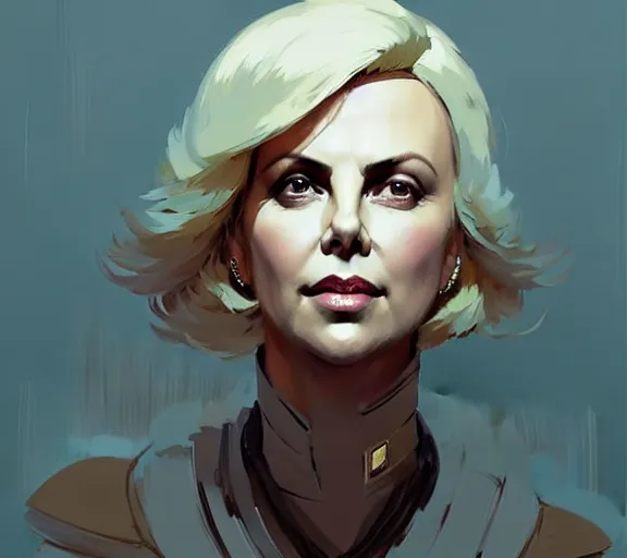 Image similar to portrait of portrait, charlize theron as a queen, fantasy, by atey ghailan, by greg rutkowski, by greg tocchini, by james gilleard, by joe fenton, by kaethe butcher, by ashley wood, dynamic lighting, gradient light blue, brown, blonde cream and white color scheme, grunge aesthetic