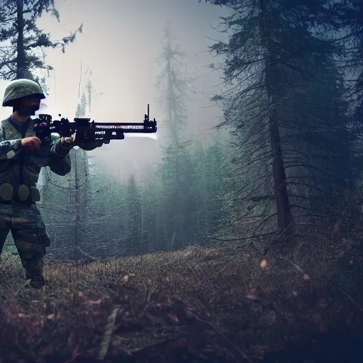 Prompt: A soldier in a forest shooting at an enemy drone with his machine gun, HDR, 8k, trending on artstation