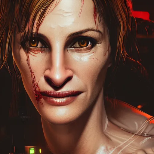 Image similar to julia roberts portrait, cyberpunk 2 0 7 7, cyberpunk v, rogue amendiares, photorealistic, ultra detailed, neon, octane, bokeh, cinematic lighting, cyber, cyberpunk city, studio quality, feature, scars, cyberface, 8 k