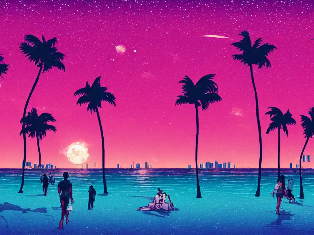 Prompt: cop on a summer night miami beach, city on the background, palm trees, footprints in the sand, full moon reflected in the calm ocean, starry sky, 8 k, ultra detailed, trending on artstation, digital painting, synthwave and retrowave style, pink color scheme