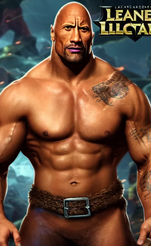 Image similar to Dwayne Johnson as a character in the game League of Legends, with a background based on the game League of Legends, detailed face, old 3d graphics