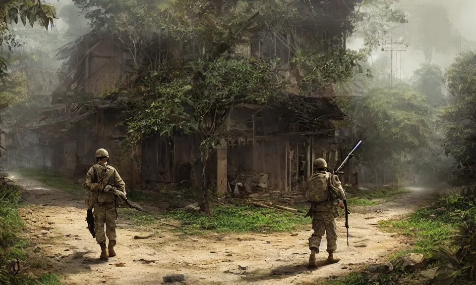 Prompt: Futuristic matte painting of a US soldier in the Vietnam War walking through an abandoned Vietcong village, volumetric light scattering, highly detailed, digital art, Andreas Rocha, Greg Rutkowski, Darek Zabrocki, ArtStation, CGSociety, Unreal Engine, 4K, 8K