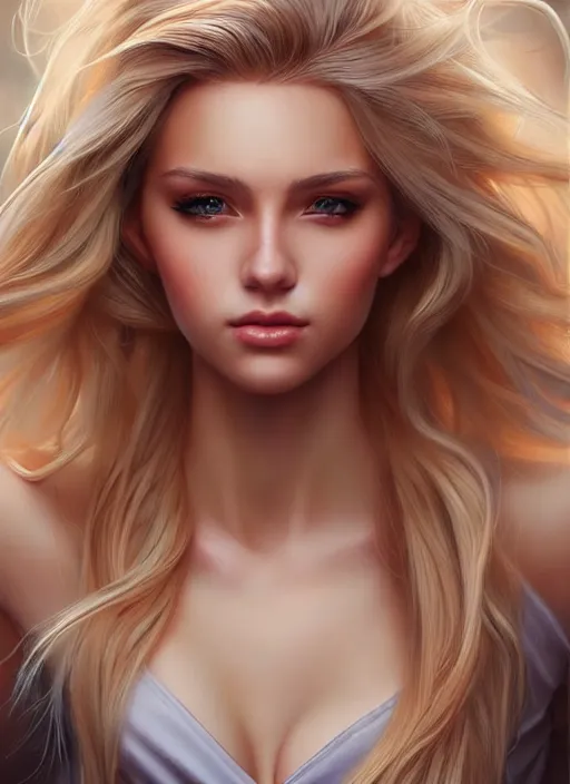 Image similar to a gorgeous female with long blonde hair in the style of stefan kostic, realistic, full body shot, wide angle, sharp focus, 8 k high definition, insanely detailed, intricate, elegant, art by stanley lau and artgerm, floating embers