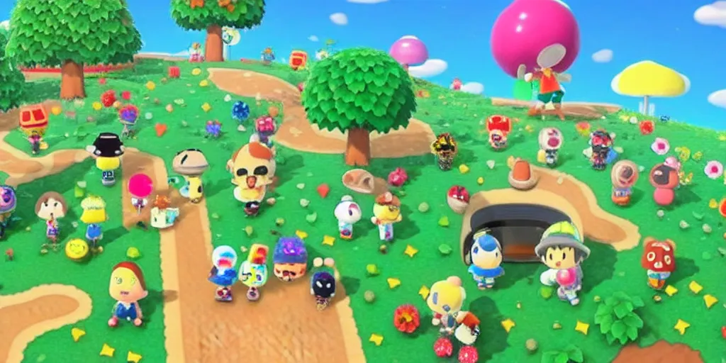 Prompt: Katamari Damacy rolling up an Animal Crossing island