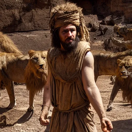 Image similar to film still of 3 5 year old man in ancient canaanite clothing surrounded by ferocious lions. cave interior background, hd wallpaper, 8 k