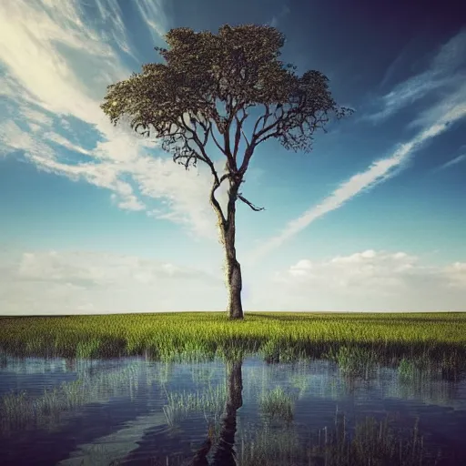 Prompt: flooded plains landscape. solitary tree. clear sunny day at noon. grass islands up close. grass islands. flood waters. max rive, 1 6 megapixel, instagram, landscape, hdri, light blue sky