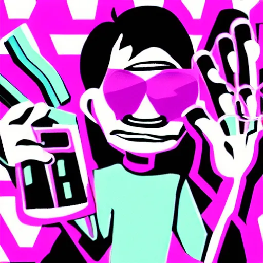 Prompt: a cartoon of a man holding a pink keyboard, cyberpunk art by Jamie Hewlett, tumblr contest winner, funk art, synthwave, retrowave, vaporwave