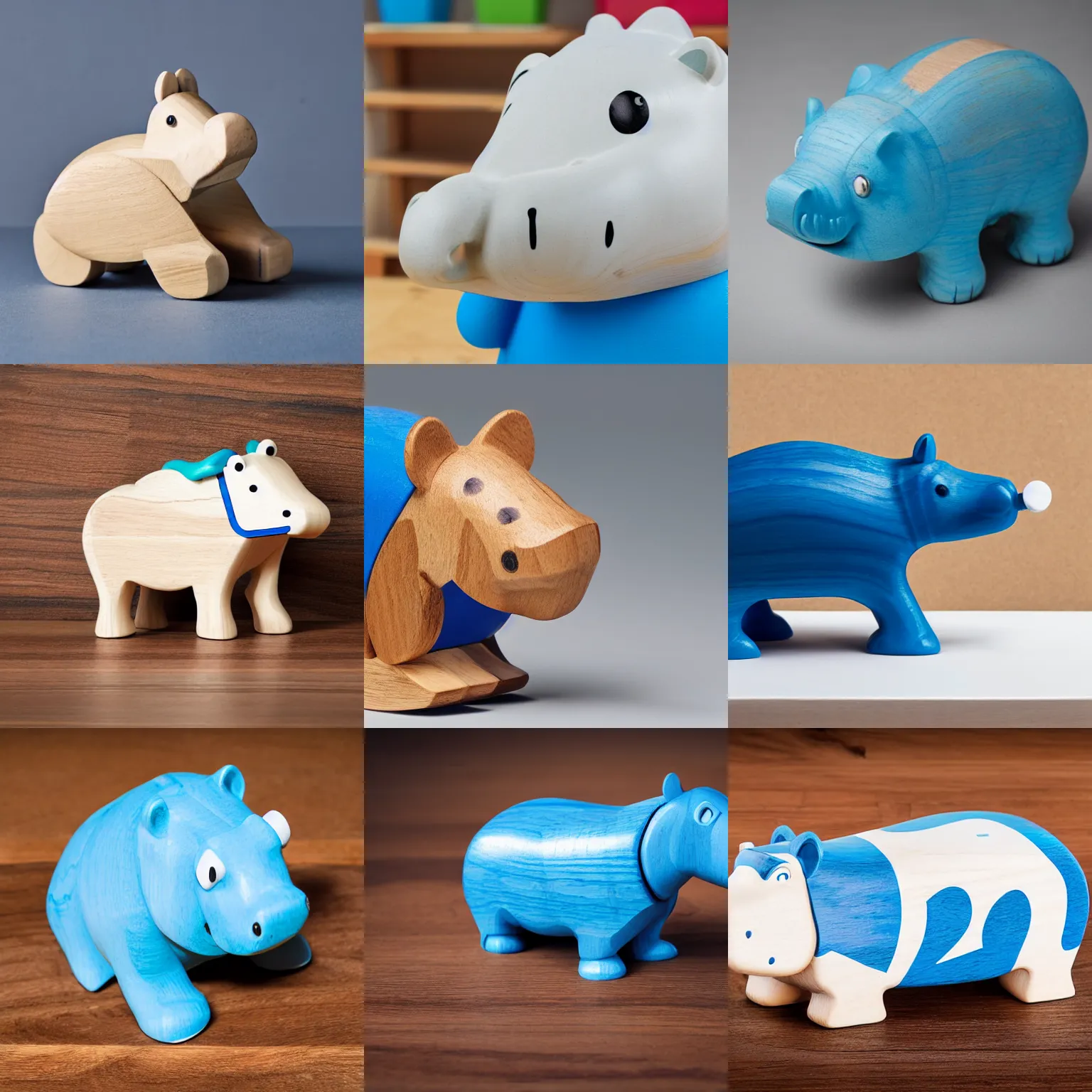 Prompt: product photo of a toy wooden hippo, made of varnished oak, blue paint on top, shiny, white background, catalogue photo