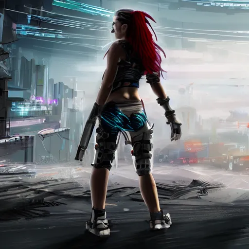 Prompt: sarah conner cyberpunk warrior girl standing in the distance after firing a bazooka at a computer chip factory, concept art, 4 k hd