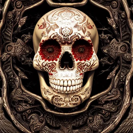 Image similar to a highly detailed photographic render of intricately carved sugar skull, intricate ornament, gilding, horror, dark fantasy, beautifully lit, ray traced, octane 3D render in the style of Gerald Brom and James Gurney