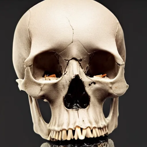Prompt: close up top of human skull missing and the inside is filled with cigarette butts, dark blurry background