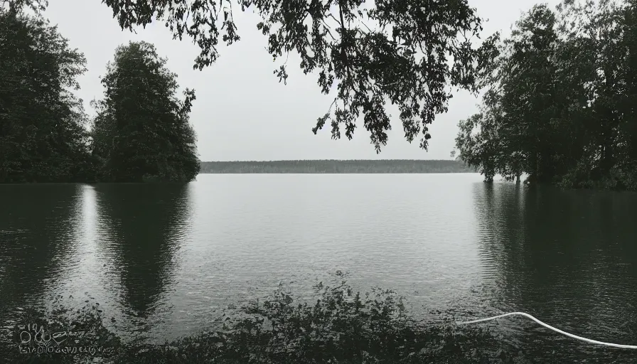 Prompt: photograph of an infinitely long rope floating on the surface of the water, the rope is snaking from the foreground towards the center of the lake, a dark lake on a cloudy day, trees in the background, moody scene, anamorphic lens, kodak color film stock