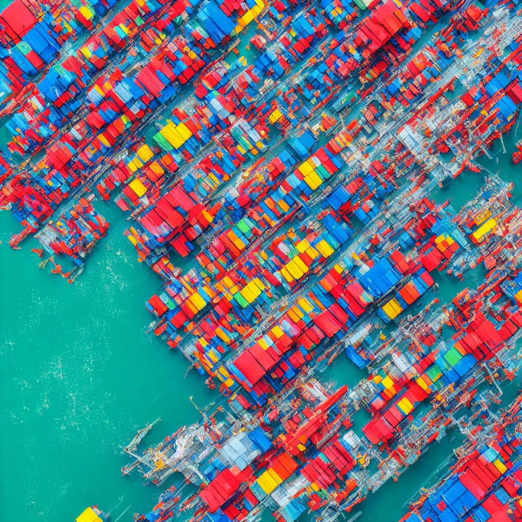 Image similar to colorful construction site with pools of bright blue water, colorful shipping containers, colorful tugboats, birds eye view