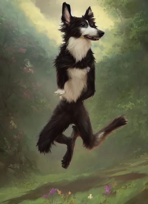 Image similar to wide angle beautiful full body portrait of a cute male anthropomorphic anthro border collie fursona wearing clothes and falling from the sky, character design by charlie bowater, henry asencio, and ross tran, disney, scenic background, detailed, aesthetic, trending on artstation, furaffinity, deviantart