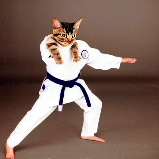 Image similar to realistic photo of a humanoid cat wearing a karate uniform in fighting pose