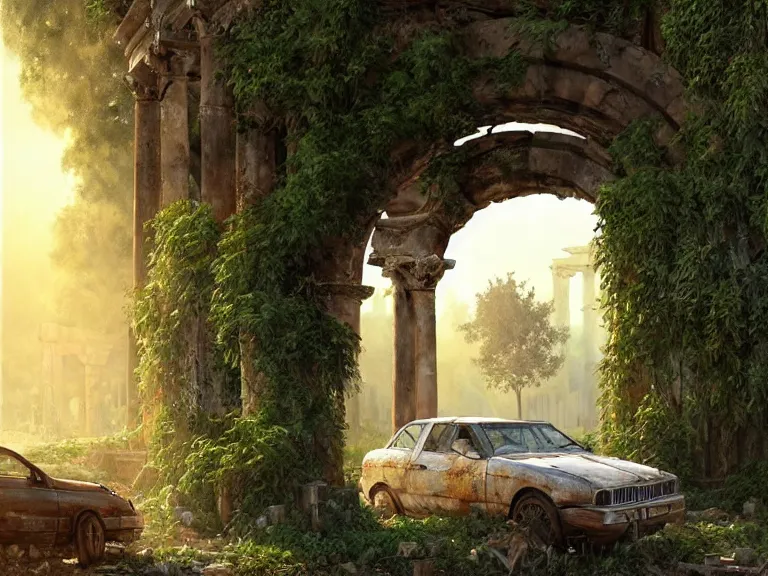 Prompt: a tree growing on a scrap car in ancient greek ruins, many overgrown scrap cars, overgrown pillars and arches, vines, flowers, hyperrealistic, highly detailed, cinematic, ray of golden sunlight, beautiful, cgsociety, artstation, 8 k, oil painting by greg rutkowski, by artgerm, by wlop