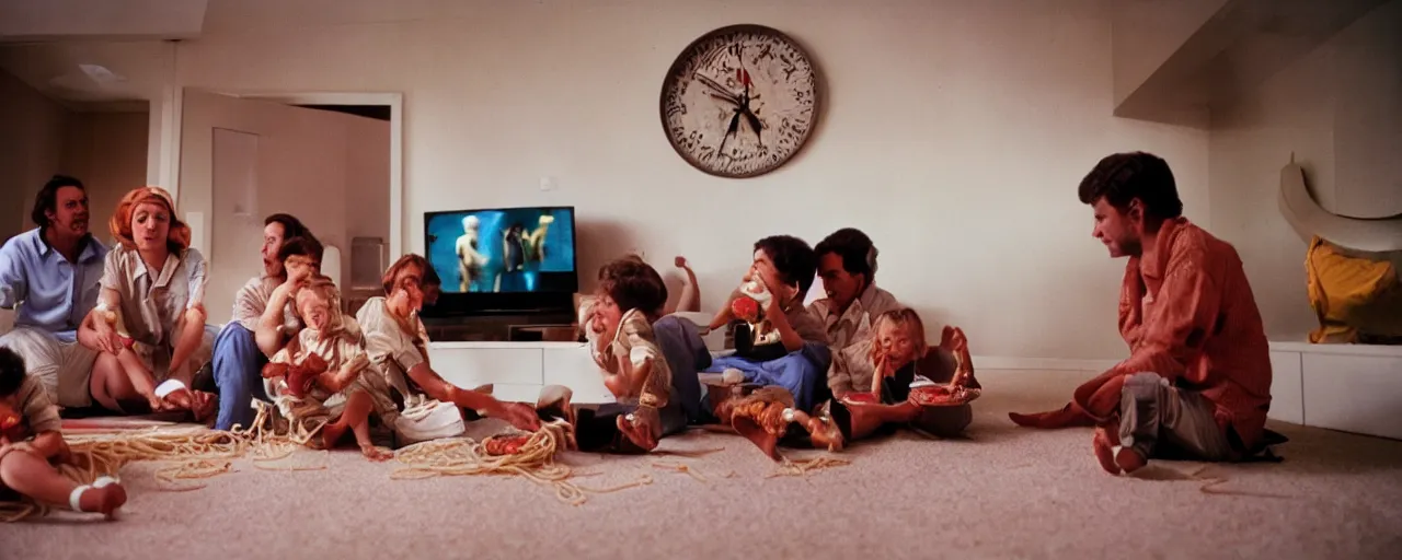 Image similar to a family watching the moon landing on tv, eating spaghetti, in the style of steve mccurry, canon 5 0 mm, wes anderson film, kodachrome, retro