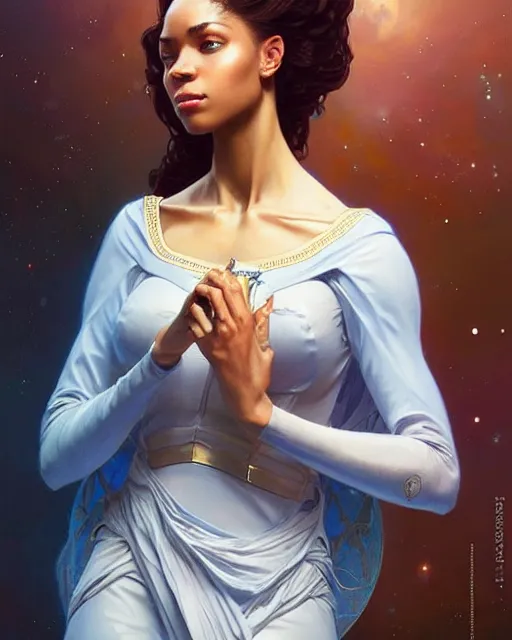 Image similar to Portrait of very very very very very very beautiful nigerian woman, spacesuit, blue eyes, real life skin, intricate, elegant, highly detailed, artstation, concept art, smooth, sharp focus, art by artgerm and greg rutkowski and alphonse mucha