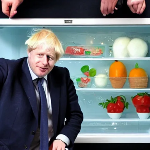 Prompt: boris johnson sat in a fridge eating jam with his fingers