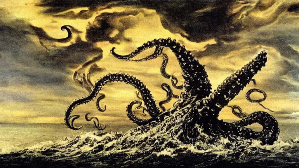 Image similar to a giant kraken emerges from the ocean on a beautiful dark night, flashes of lightning and fire, extraodinary masterpiece!!!!!!, by Salvador Dali