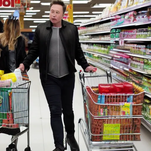 Image similar to Elon Musk and Amber Heard buying pampers at supermarket, paparrazi shot