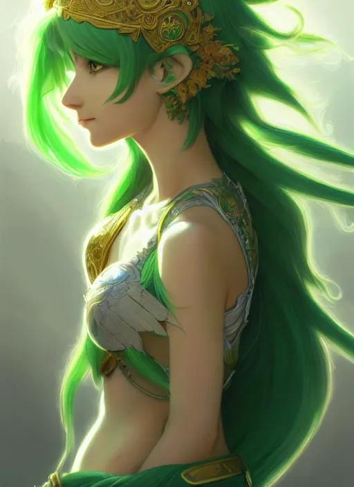 Prompt: portrait, head and body only, palutena, green hair, concept art, digital illustration, by rossdraws, frank franzzeta, intricate, masterpiece, elegant, hyper detailed, artstation, unreal engine rendered, concept art, smooth, sharp focus, illustration, art by artgerm and greg rutkowski and alphonse mucha and garis edelweiss