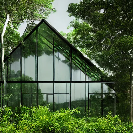 Prompt: photorealistic image of a bloated fat villa partially covered in green prairie plants, Physarum polycephalum and trees, triangular Carrara marble panels, large glass surfaces, sitting in the outskirts of Detroit. High detail, lush dense tropical plants, designed by Erwin Wurm