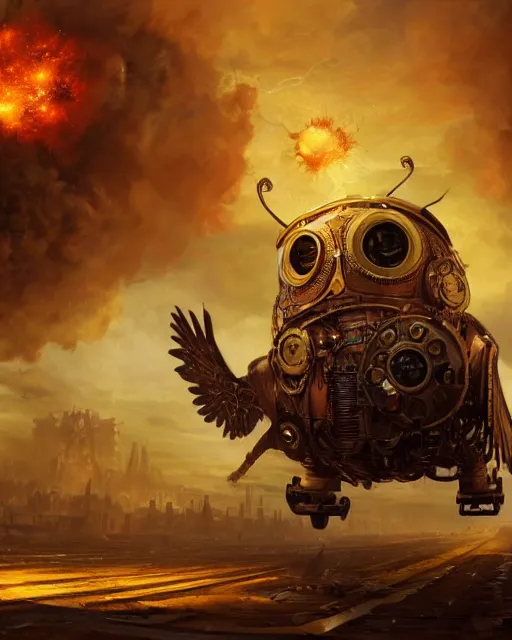 Image similar to oil painting of Gigantic Steampunk Owl Robot destroying city, sharp focus, exploding golden steampunk city background, full body, heroic pose, fantasy style, octane render, volumetric lighting, 8k high definition, by greg rutkowski, highly detailed, trending on art Station, magic the gathering artwork, centered, dramatic artwork, combat scene