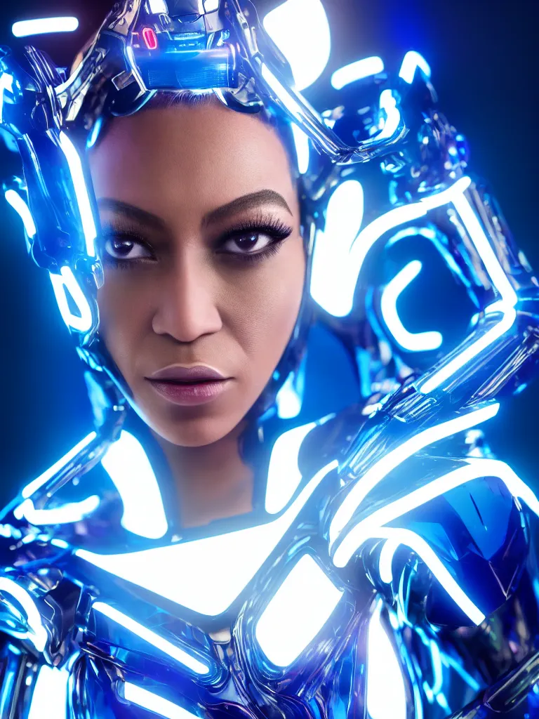 Image similar to cinematic, portrait photography, a beautiful beyonce cyborg, perfect bionic body, blue chrome armor, neon holographic ui data displays, blue led details, hajime sorayama, masamune shirow, tron, symmetrical pose, octane rendered, 4 k, lens flare,