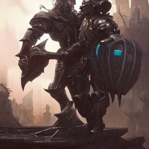 Image similar to enormous male cyberpunk knight wrestling a black knight cyborg, d & d, fantasy, intricate, highly detailed, digital painting, artstation, octane render, concept art, matte, sharp focus, illustration, hearthstone, art by artgerm and greg rutkowski and alphonse mucha