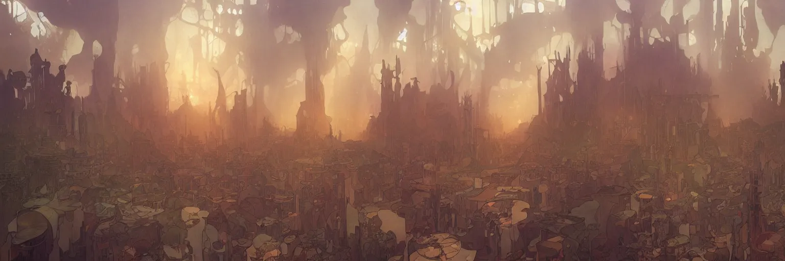 Prompt: a beautiful painting of a dystopian steampunk landscape by alfons maria mucha and julie dillon and makoto shinkai